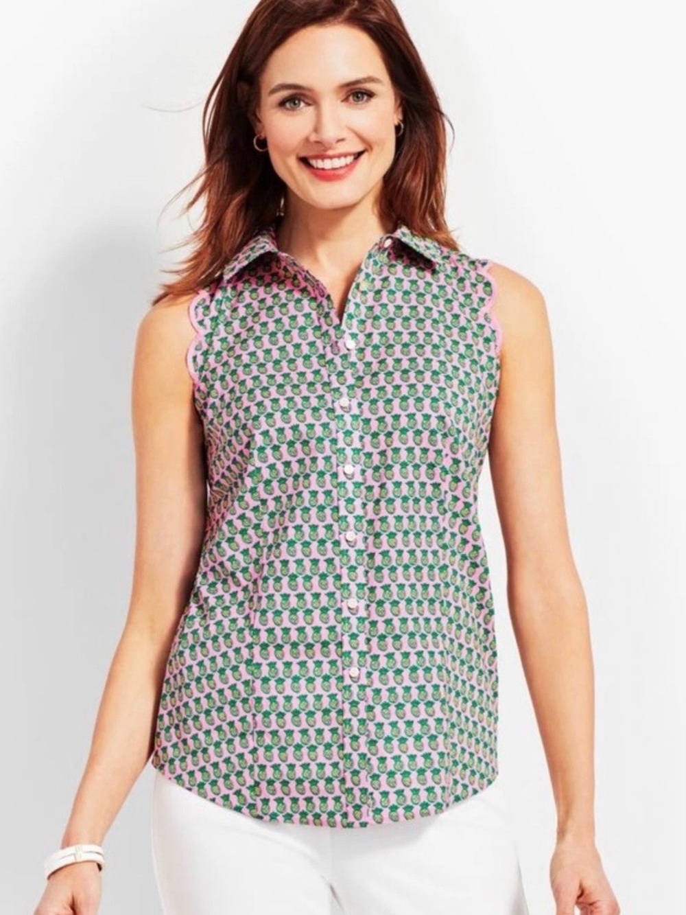 Talbots Pineapple Printed sleeveless collared button down shirt Womens Pink  10p